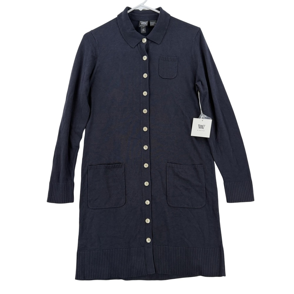 Worth Cardigan Sweater Womens Small Navy Cotton Collared Longline Pockets NWT